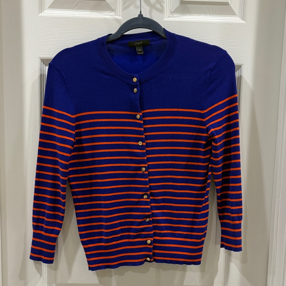 J. Crew Navy & Orange Striped Button-Up Sweater Cardigan